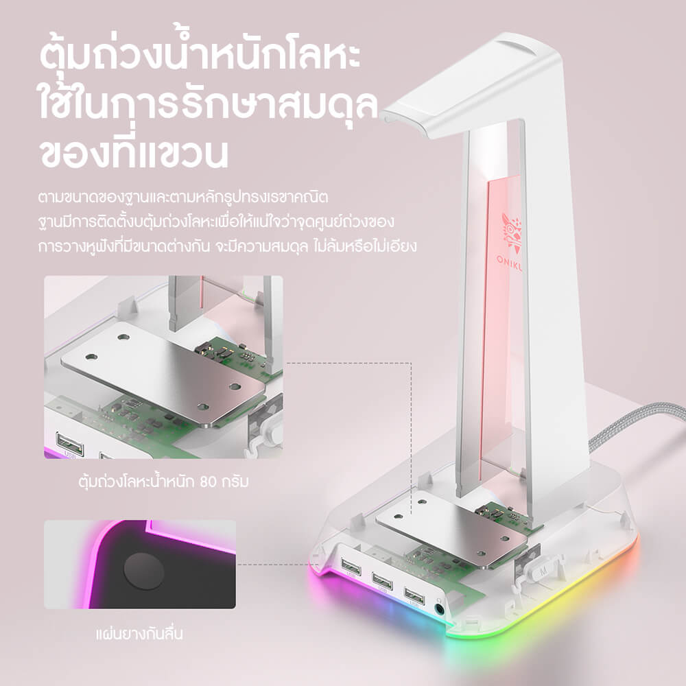 แท่นวางหูฟัง ONIKUMA YAMA RGB GAMING HEADPHONE STAND รองรับ USB-A 3 ช่อง และ AUX 3.5 มม. - สีขาว_3